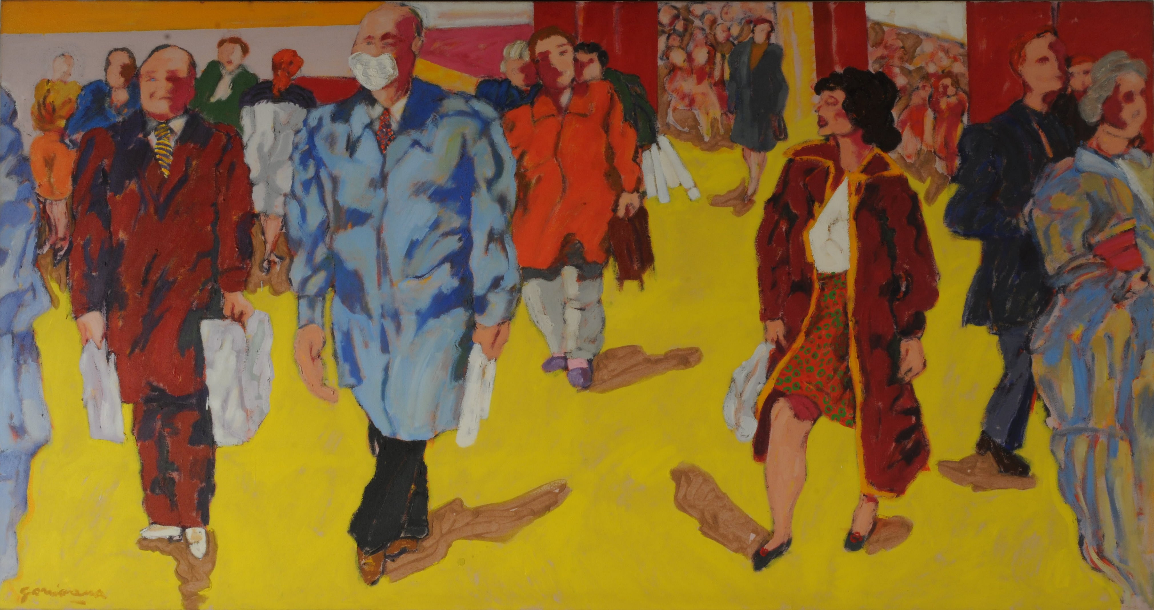 La muchacha entra en la ciudad, pintura de Gorriarena; 1990; 140x 265 cm. Colección MNBA. Abajo: "El palco", de Gorriarena; 1980; 150x200 cm. Colección MNBA.