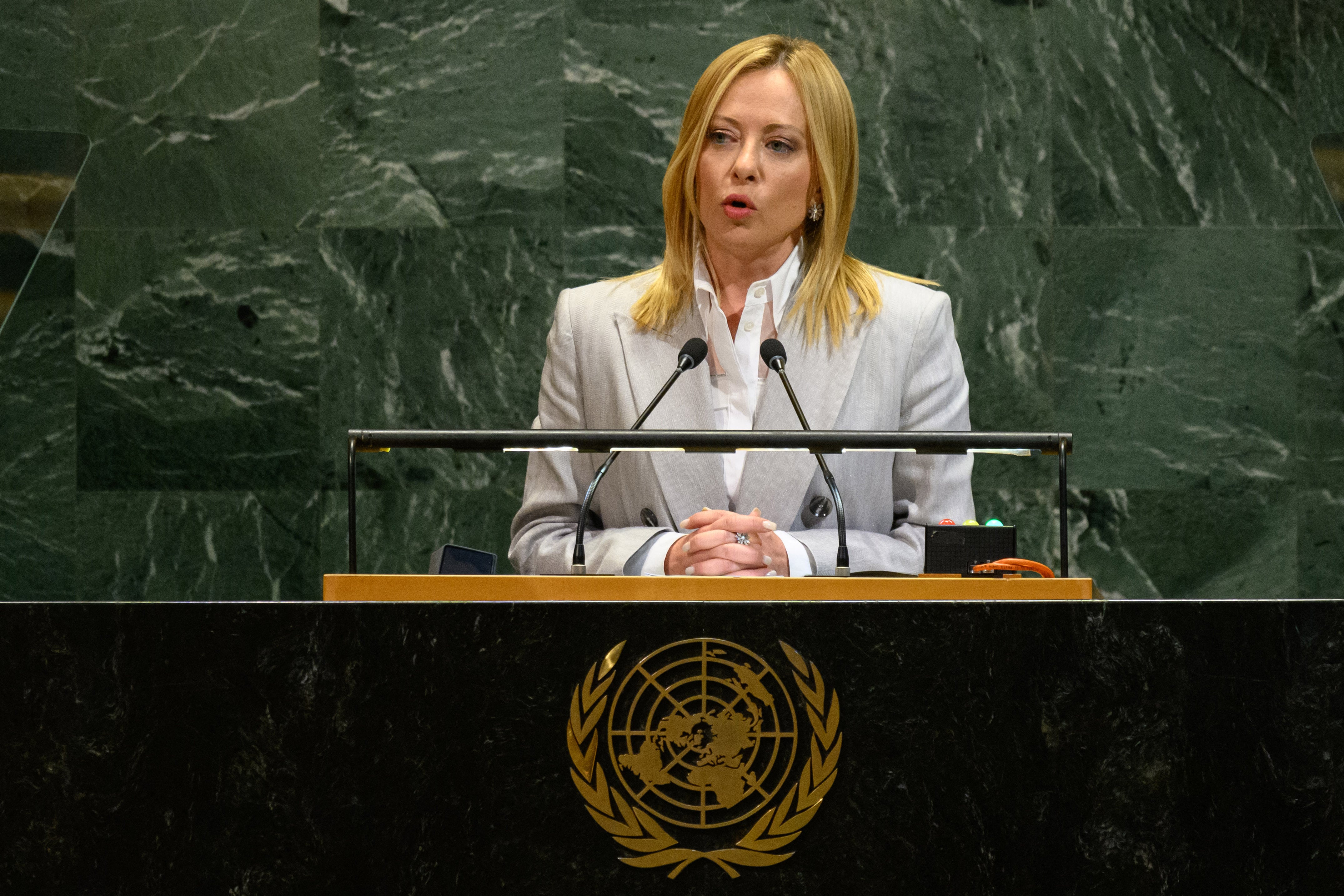 Meloni habla en la Asamblea General de la ONU.